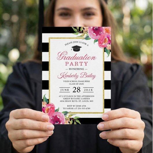 Fuchsia Paars Red Floral Stripes Graduparty Kaart