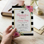 Fuchsia Paars Red Floral Stripes Graduparty Kaart