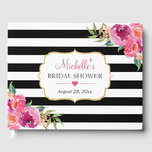 Fuchsia Paars Red Floral Stripes Vrijgezellenfeest Gastenboek (Voorkant)