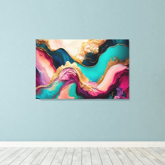 Fuchsia, Paarse, Blauwgroen en goudmarmer Abstract Canvas Afdruk (Insitu (Houten vloer))