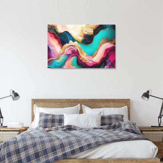 Fuchsia, Paarse, Blauwgroen en goudmarmer Abstract Canvas Afdruk (Insitu (Slaapkamer))