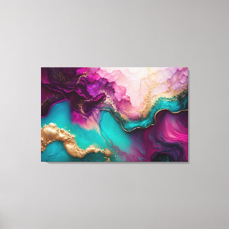 Fuchsia, Paarse, Blauwgroen en goudmarmer Abstract Canvas Afdruk