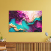 Fuchsia, Paarse, Blauwgroen en goudmarmer Abstract Canvas Afdruk (Insitu (Woonkamer))