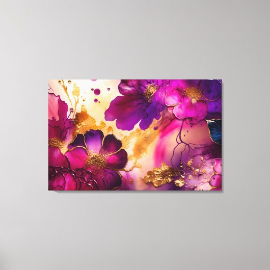 Fuchsia, Paarse en goudfloral kunst Canvas Afdruk (Voorkant)