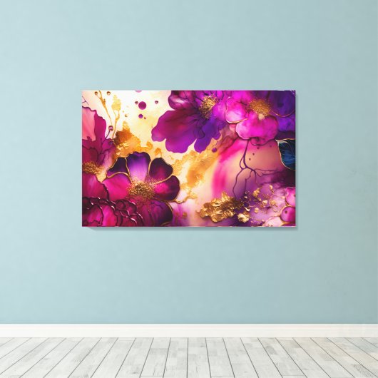 Fuchsia, Paarse en goudfloral kunst Canvas Afdruk (Insitu (Houten vloer))