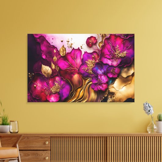 Fuchsia, Paarse en goudfloral kunst Canvas Afdruk (Insitu (Woonkamer))