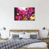 Fuchsia, Paarse en goudfloral kunst Canvas Afdruk (Insitu (Slaapkamer))