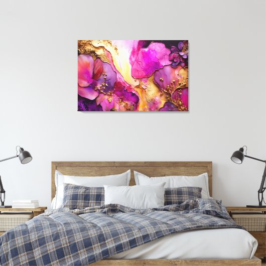 Fuchsia, Paarse en goudfloral kunst Canvas Afdruk (Insitu (Slaapkamer))