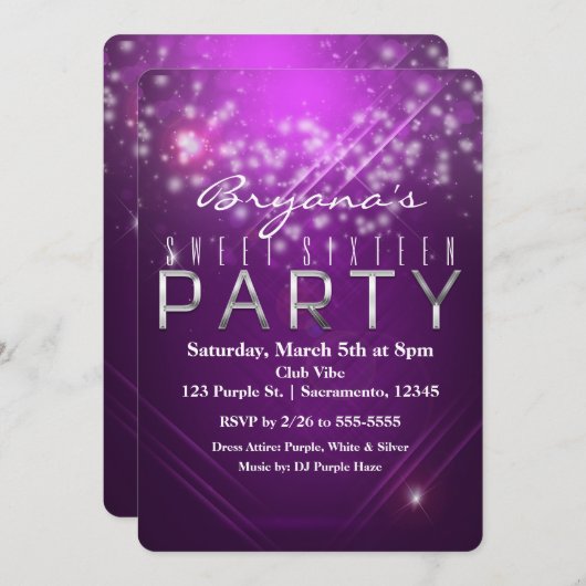 Fuchsia Paarse Sparkle Club Vibe FEESTUITNODIGING Kaart (Voorkant / Achterkant)