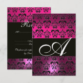 FUCHSIA PAARSE ZWART DAMASK MONOGRAM RSVP wit Kaartje (Voorkant / Achterkant)