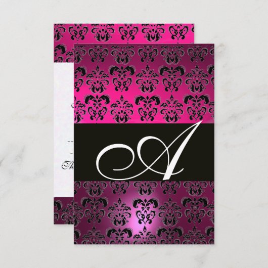FUCHSIA PAARSE ZWART WIT DAMASKER MONOGRAM RSVP (Voorkant / Achterkant)