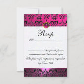 FUCHSIA PAARSE ZWART WIT DAMASKER MONOGRAM RSVP KAARTJE (Achterkant)