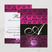 FUCHSIA PAARSE ZWART WIT DAMASKER MONOGRAM RSVP KAARTJE (Voorkant / Achterkant)