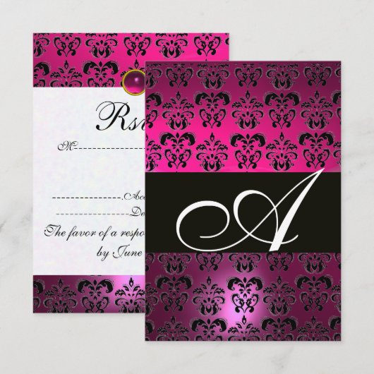 FUCHSIA PAARSE ZWART WIT DAMASKER MONOGRAM RSVP KAARTJE (Voorkant / Achterkant)