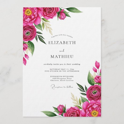 Fuchsia Painterly Bloom Wedding Kaart (Voorkant)