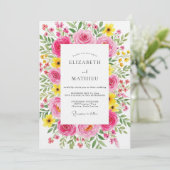 Fuchsia Painterly Flora Wedding Kaart (Staand voorkant)