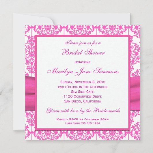 Fuchsia Pink and White Damask Vrijgezellenfeest In Kaart (Achterkant)