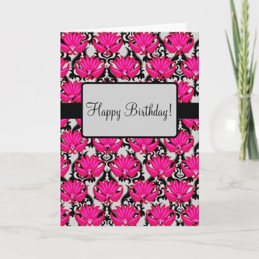 Fuchsia Pink Art Nouveau Damask Happy Birthday Kaart (Voorkant)