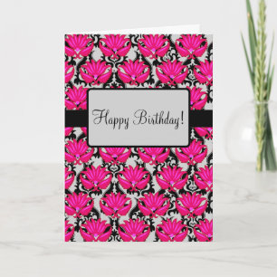 Fuchsia Pink Art Nouveau Damask Happy Birthday Kaart