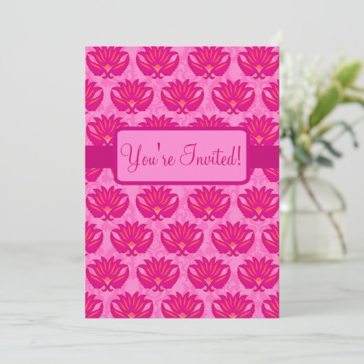 Fuchsia Pink Art Nouveau Damask Party Event Kaart (Staand voorkant)