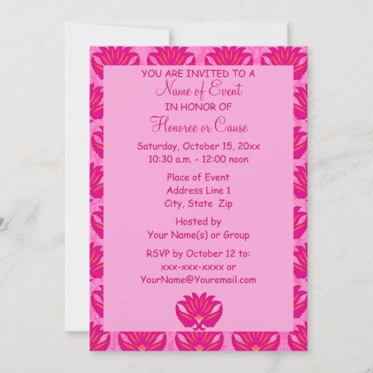 Fuchsia Pink Art Nouveau Damask Party Event Kaart (Achterkant)