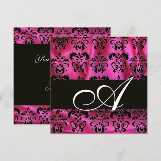 FUCHSIA PINK BLACK DAMASK CLOTH MONOGRAM, white Kaart (Voorkant / Achterkant)