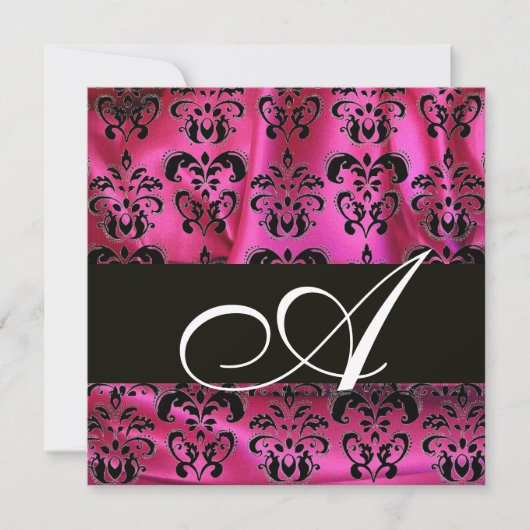 FUCHSIA PINK BLACK DAMASK CLOTH MONOGRAM, white Kaart (Voorkant)