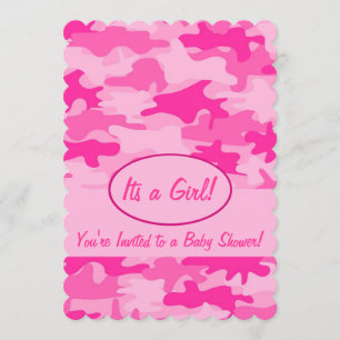 Fuchsia Pink Camo Camouflage Baby shower Kaart