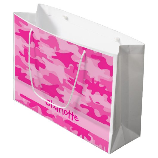 Fuchsia Pink Camouflage Naam Gepersonaliseerd Groot Cadeauzakje (Voorkant Gekanteld)