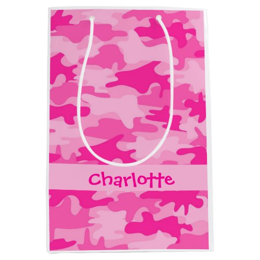 Fuchsia Pink Camouflage Naam Gepersonaliseerd Medium Cadeauzakje (Voorkant)