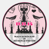 Fuchsia Pink Chandelier Bird Wedding Ronde Sticker (Voorkant)