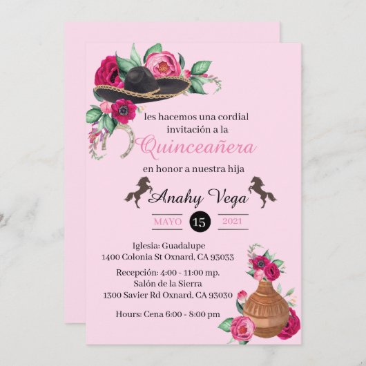 Fuchsia Pink Charra Uitnodiging Rustic Charro West (Voorkant / Achterkant)