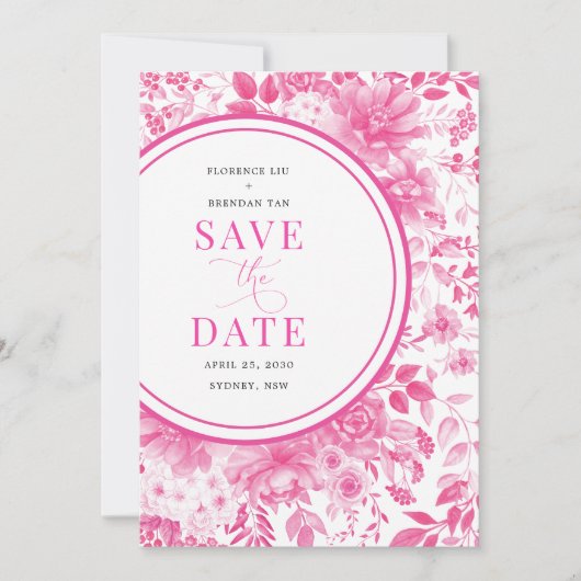 Fuchsia Pink Chinoiserie Wedding Save the Date Kaart (Voorkant)