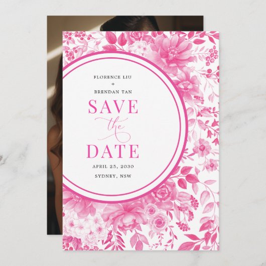 Fuchsia Pink Chinoiserie Wedding Save the Date Kaart (Voorkant / Achterkant)