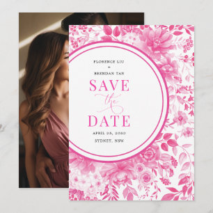 Fuchsia Pink Chinoiserie Wedding Save the Date Kaart