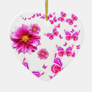 Fuchsia Pink Dahlia's & Butterflies white Pattern Keramisch Ornament