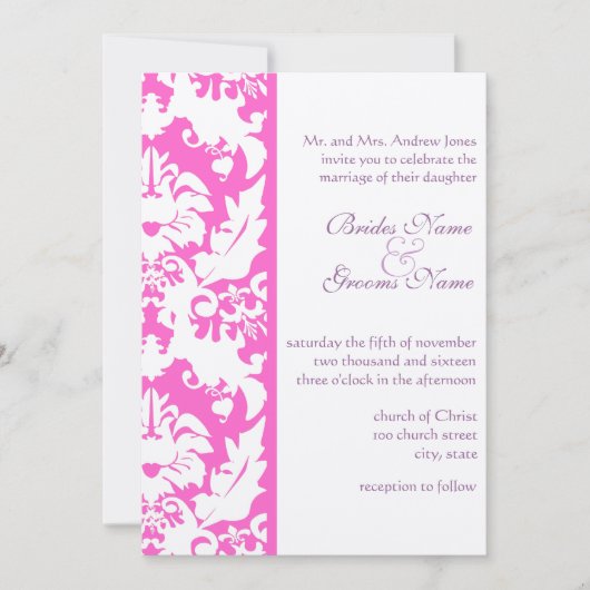 Fuchsia Pink Damask Wedding Invitations Kaart (Voorkant)