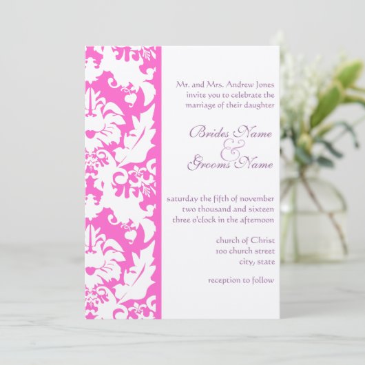 Fuchsia Pink Damask Wedding Invitations Kaart (Staand voorkant)