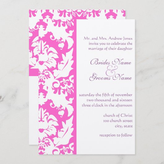 Fuchsia Pink Damask Wedding Invitations Kaart (Voorkant / Achterkant)