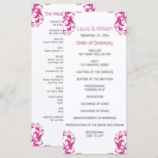 Fuchsia Pink Damask Wedding Programma Programmakaart (Voorkant / Achterkant)