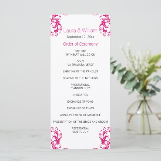 Fuchsia Pink Damask Wedding Programma Programmakaart (Staand voorkant)