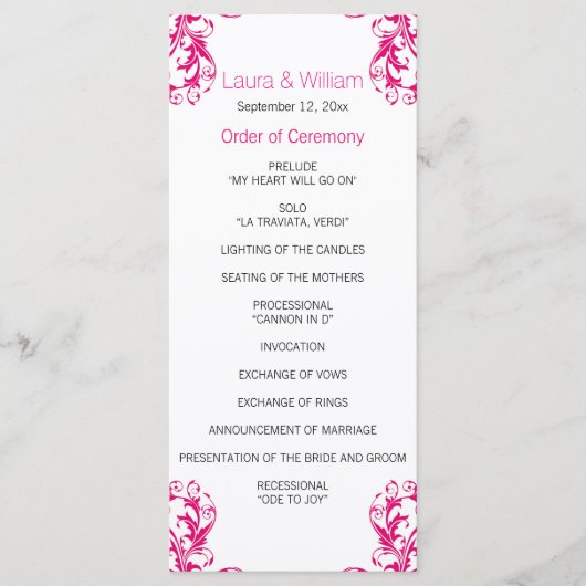 Fuchsia Pink Damask Wedding Programma Programmakaart (Voorkant)