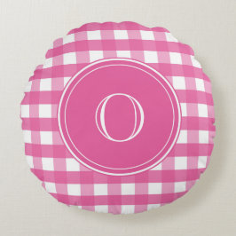 Fuchsia Pink en White Gingham Monogram Rond Kussen