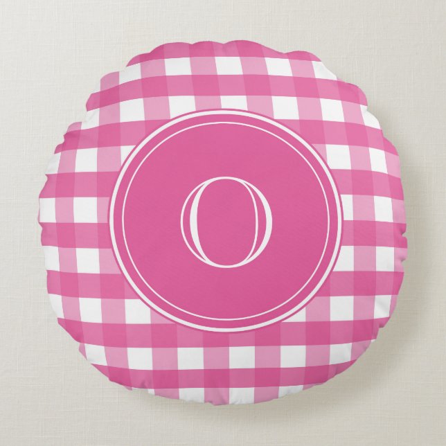 Fuchsia Pink en White Gingham Monogram Rond Kussen (Voorkant)
