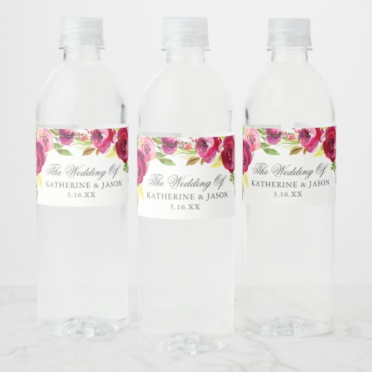 Fuchsia Pink Floral Chic Personalized Wedding Waterfles Etiket (Flessen)