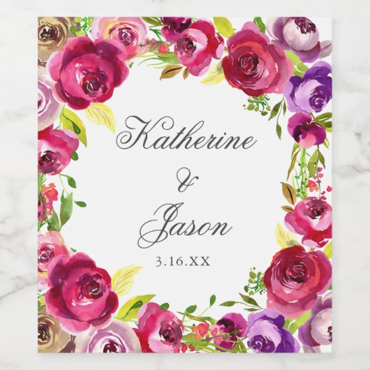 Fuchsia Pink Floral Chic Personalized Wedding Wijn Etiket (Enkel label)