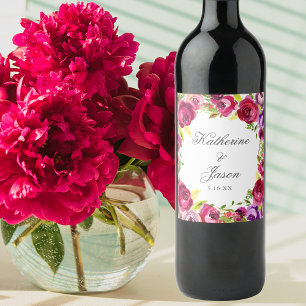 Fuchsia Pink Floral Chic Personalized Wedding Wijn Etiket