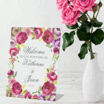 Fuchsia Pink Floral Chic Romantic Weduwschap Welko Reclamebord Met Voetstuk<br><div class="desc">Welkom je trouwgasten met dit elegante,  lichtroze waterverf florale pedestal-bord met mooie fuchsie en paarse bloemen. Door de mooie typografie boven de rozen is deze ingang een perfecte keuze voor een elegante tuinbruiloft in de lente of de zomer.</div>