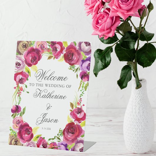 Fuchsia Pink Floral Chic Romantic Weduwschap Welko Reclamebord Met Voetstuk