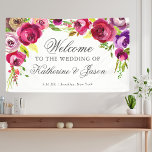 Fuchsia Pink Floral Chic Romantic Weduwschap Welko Spandoek<br><div class="desc">Welkom je trouwgasten met deze elegante,  lichtroze waterverf florale banner met mooie fuchsie en paarse bloemen. Door de mooie typografie boven de rozen is deze ingang een perfecte keuze voor een elegante tuinbruiloft in de lente of de zomer.</div>